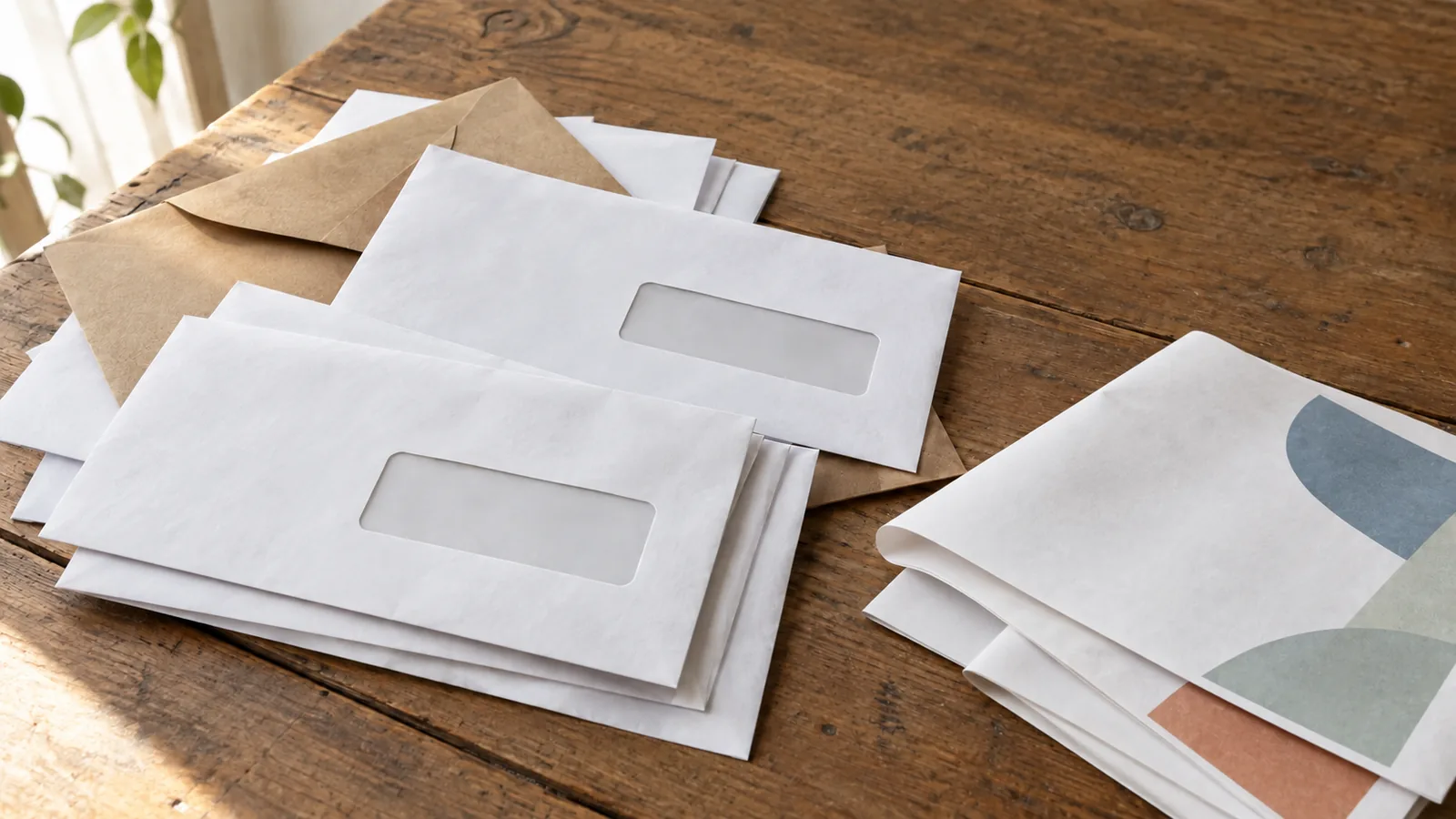 Example of plain white window envelopes and a kraft envelope stacked on a wooden table beside folded printed sheets, in soft daylight.