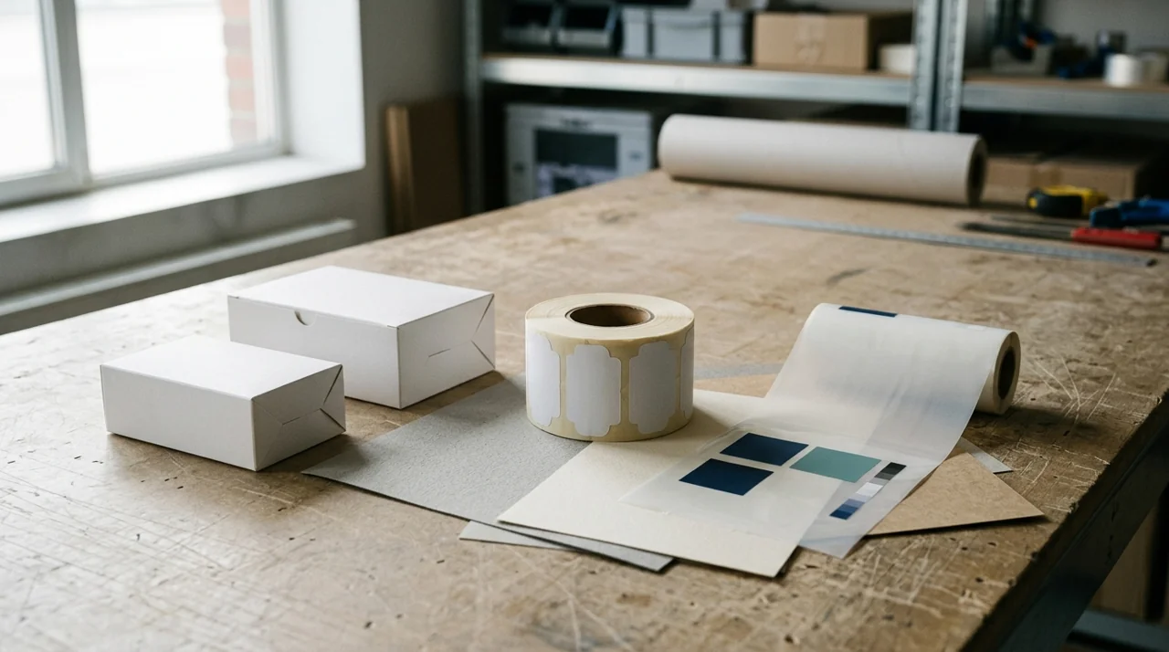 Paperboard cartons, a roll of white labels and clear film with blue and teal shapes on a workbench