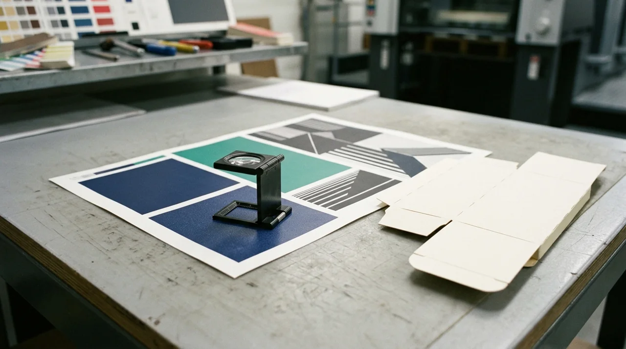 A metal loupe on paperboard samples with teal and navy patterns beside a creased carton blank