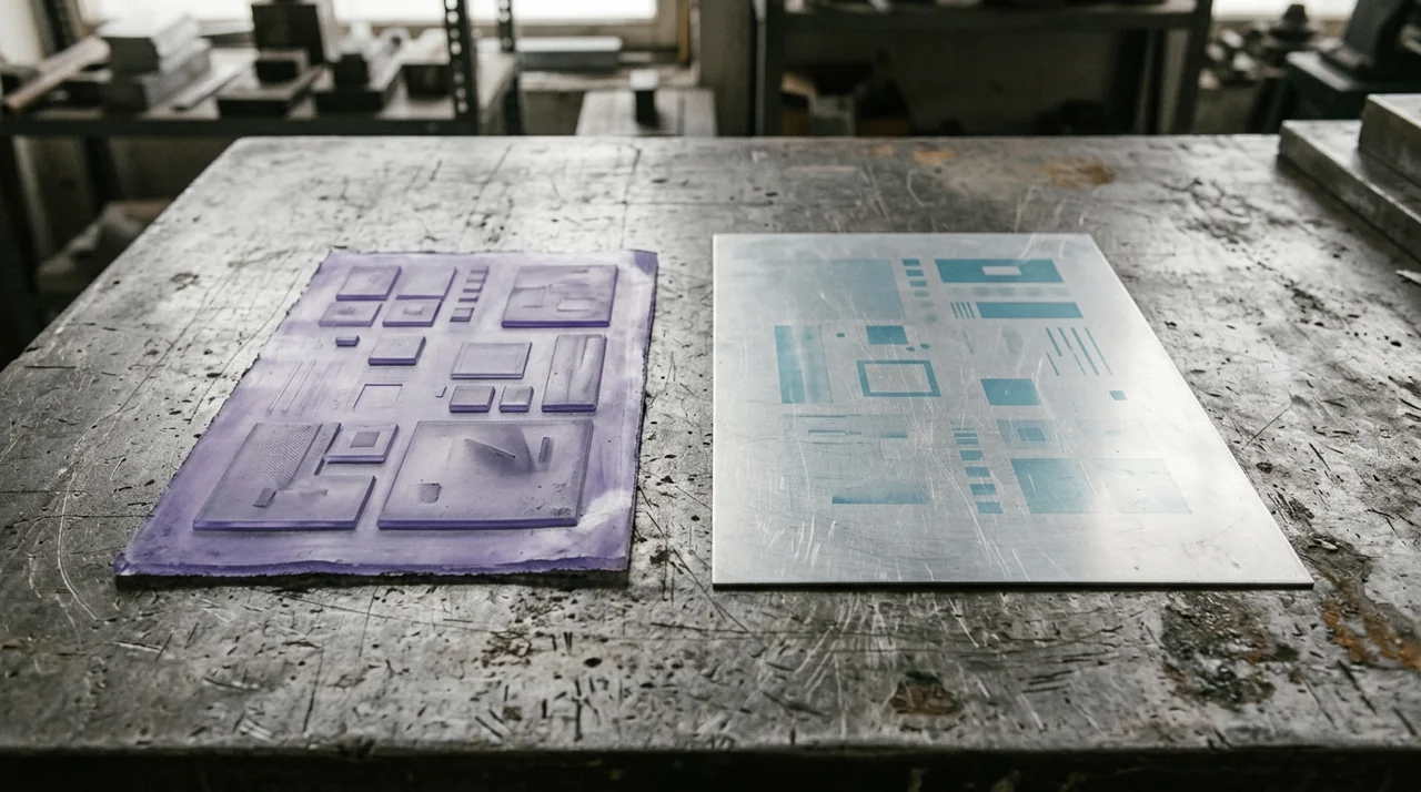 A translucent violet plate with raised geometric shapes beside a thin silver plate with blue image areas