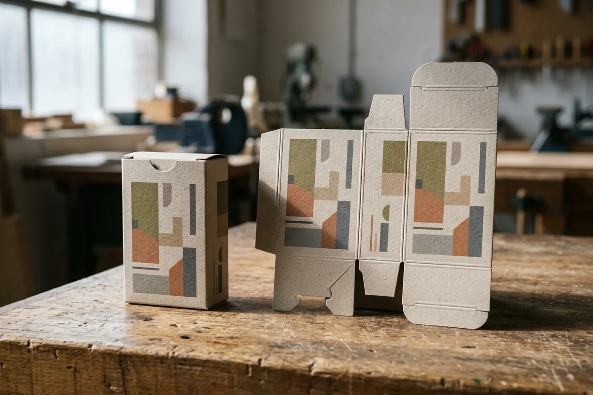 A scored paperboard carton blank beside a folded carton carrying matching muted geometric artwork