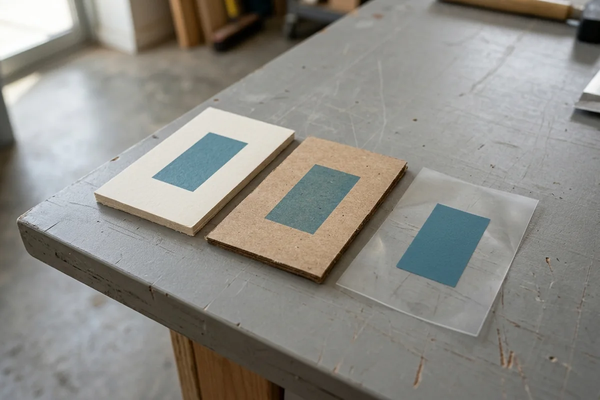 Cream paperboard, brown kraft paper and translucent film samples with teal printed rectangles on a table