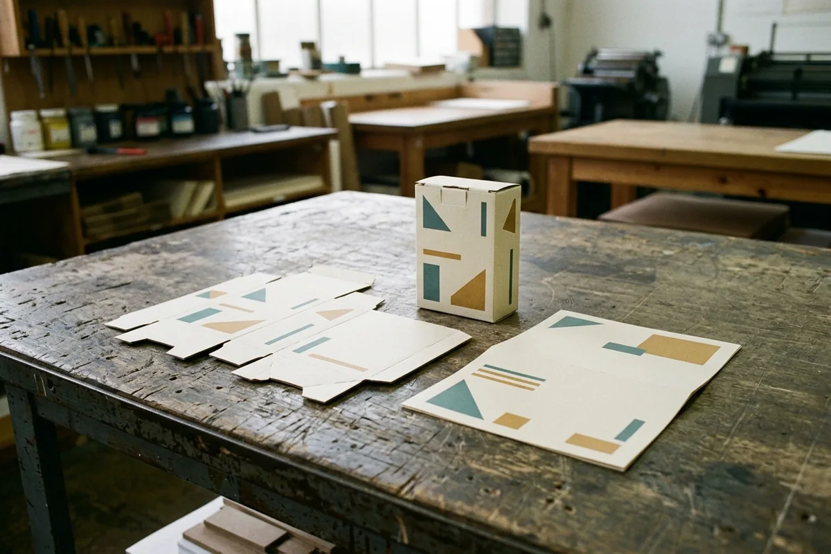 A flat printed leaflet, an unfolded paperboard blank and a folded carton with muted geometric artwork on a grey table