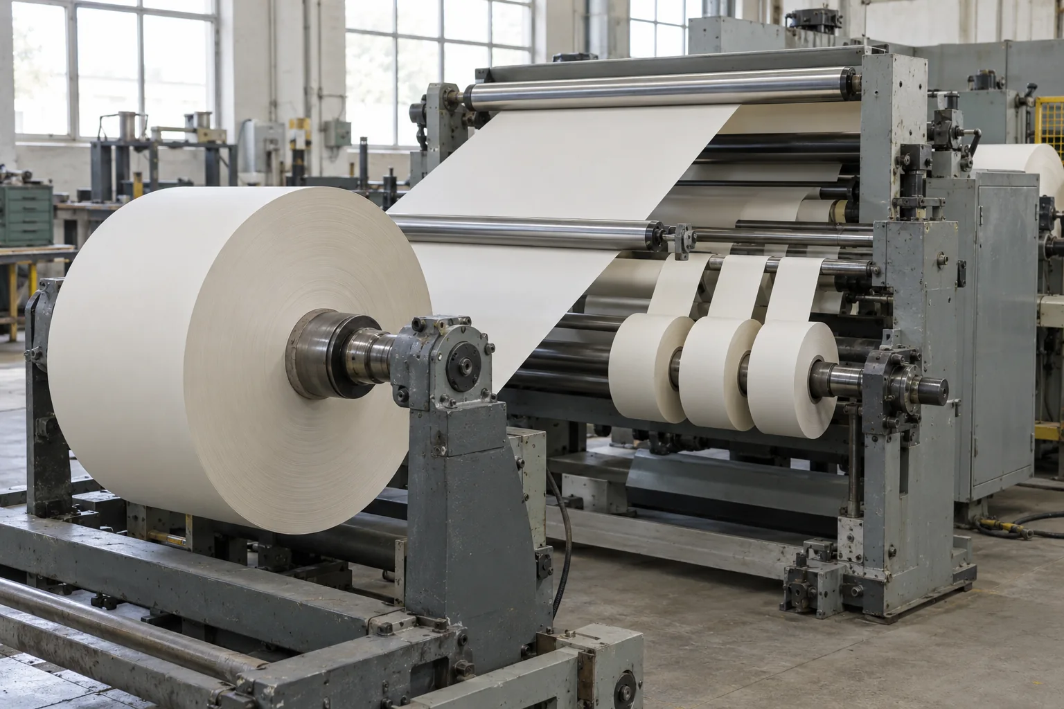 A large white paper roll beside steel guide rollers and three smaller white rolls on a shaft in a workshop
