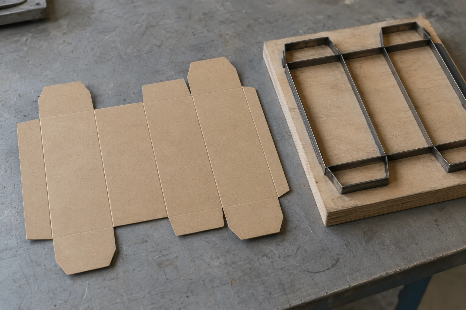 A flat kraft carton blank with visible panel creases lying beside a steel-rule tool mounted in a plywood base on a gray bench