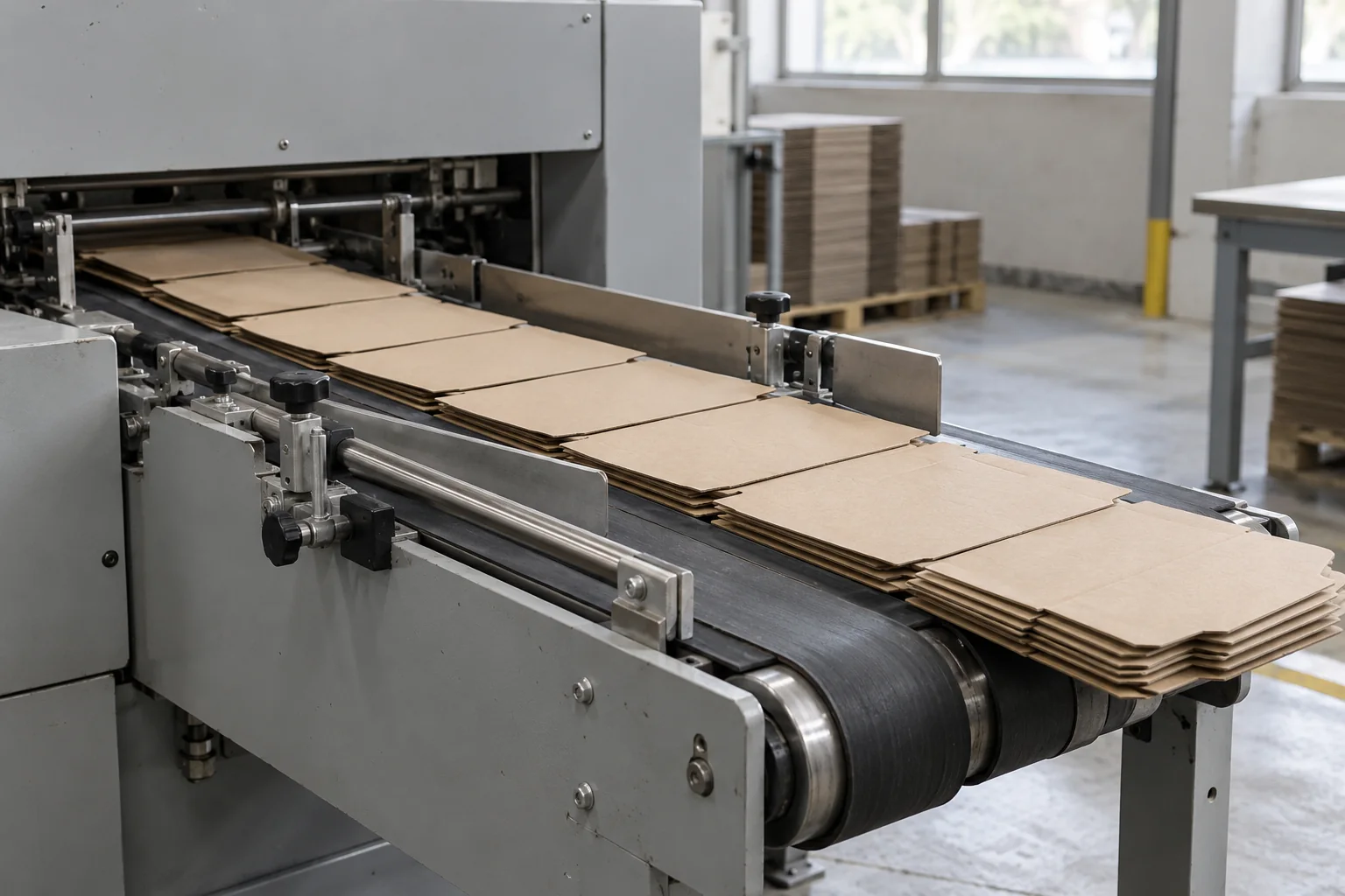 Overlapping flat kraft cartons on black conveyor belts between metal guide rails at a machine delivery end
