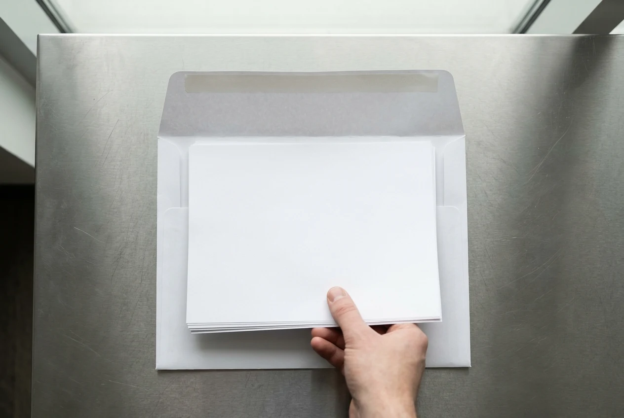 A hand sliding an unfolded stack of white paper sheets into the wide long-edge throat of a white open-side booklet envelope on a metal table