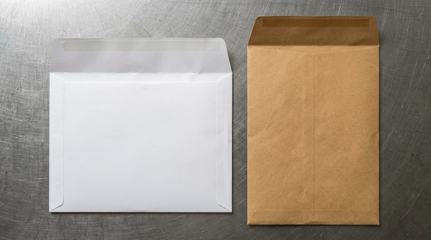 Overhead view of a white wove open-side booklet envelope with a long-edge wallet flap beside a brown kraft open-end catalog envelope with a short-edge flap