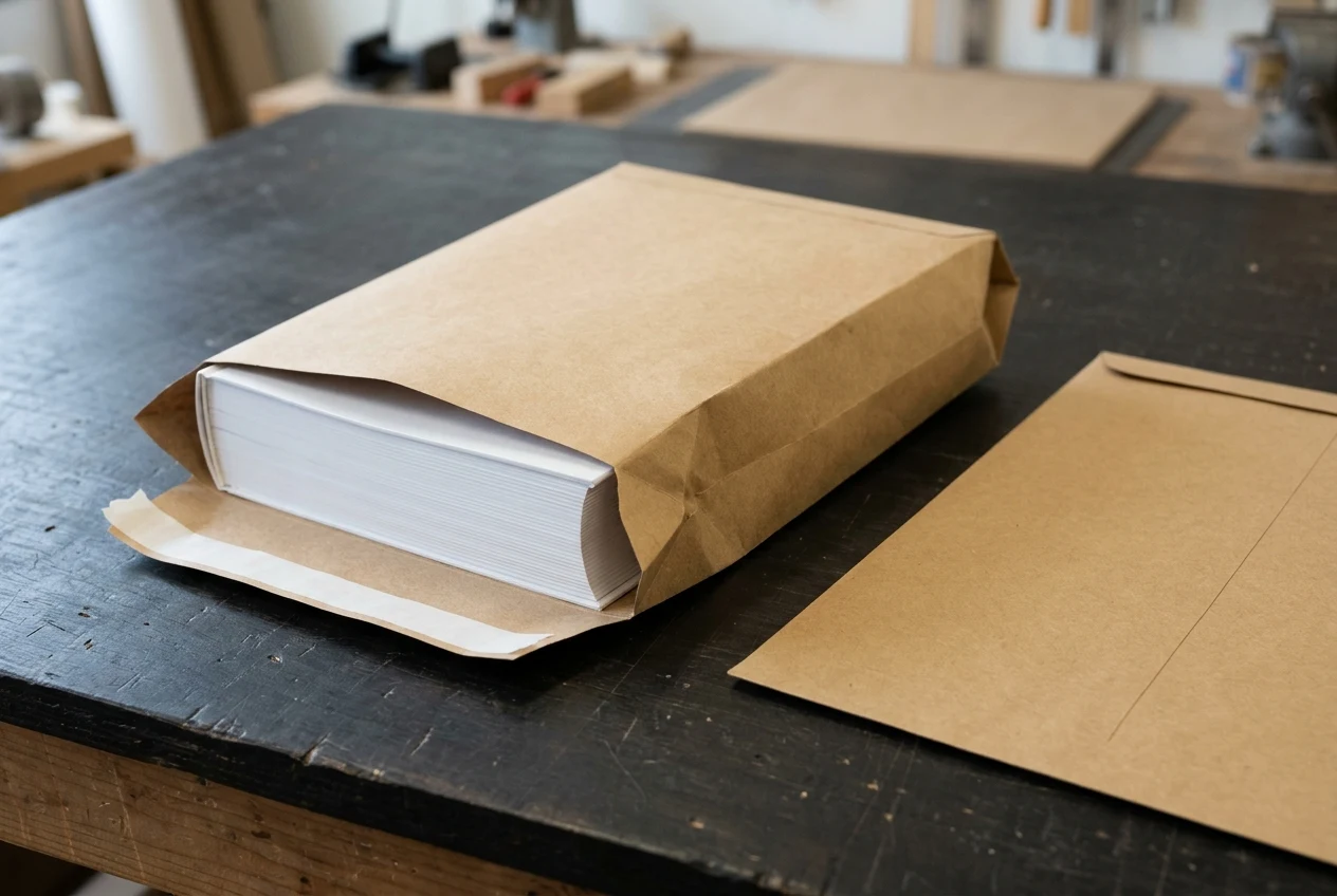 A brown kraft expansion envelope with side gussets expanded around a thick bound white catalog beside an unexpanded flat brown kraft envelope
