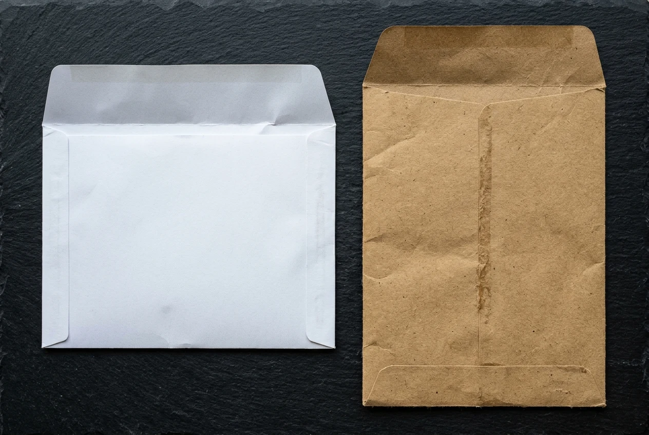 Back panels of a white open-side booklet envelope with vertical side seams along the left and right edges beside a brown kraft open-end catalog envelope with a center seam