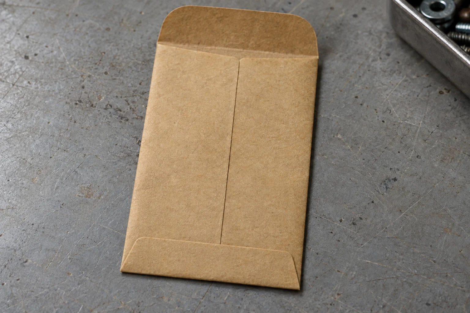 Back of an open kraft coin envelope with a vertical center seam ending beneath the folded bottom flap