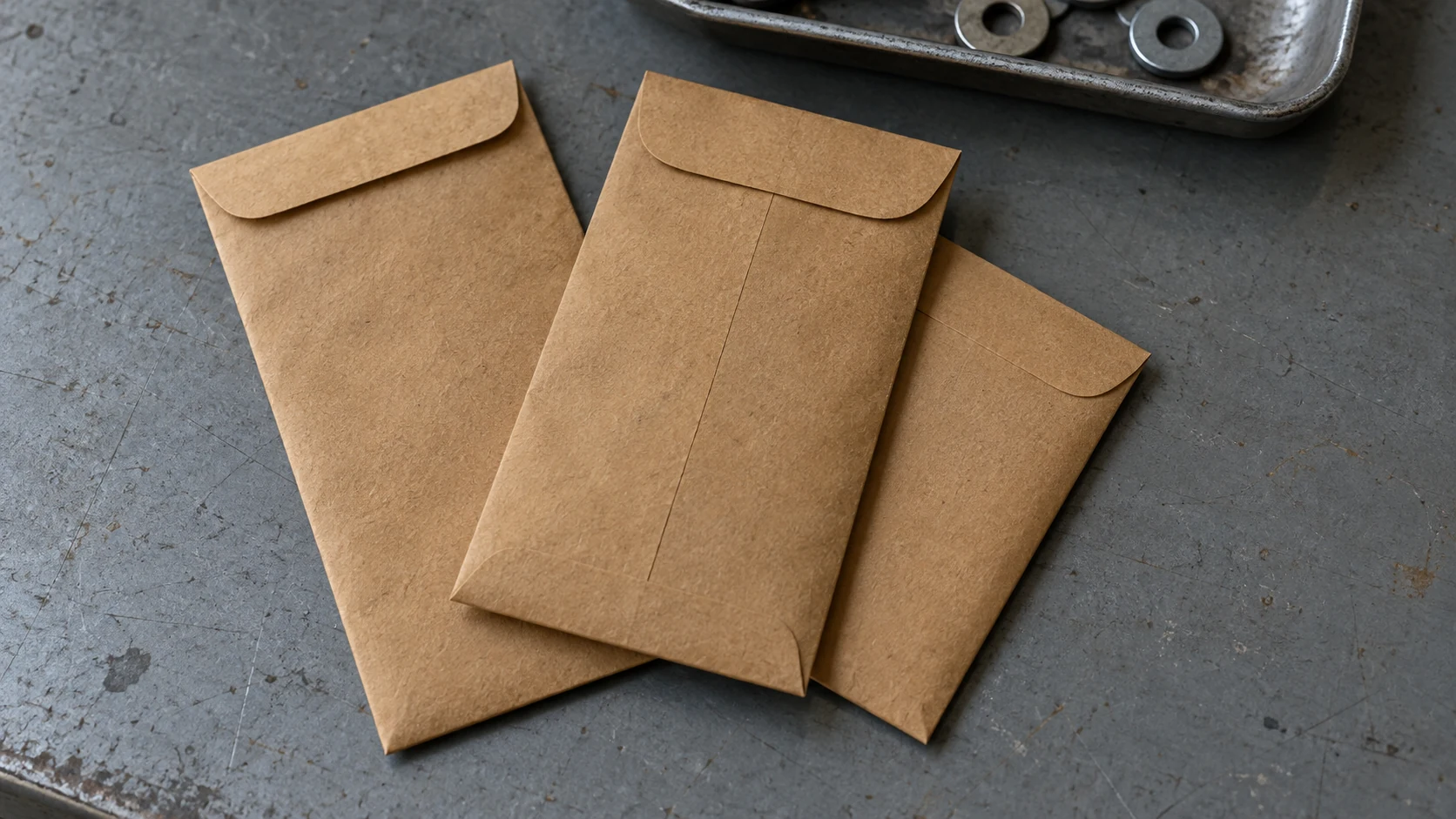 Overlapping flat kraft coin envelopes with short-end flaps and a center seam beside a tray of steel washers