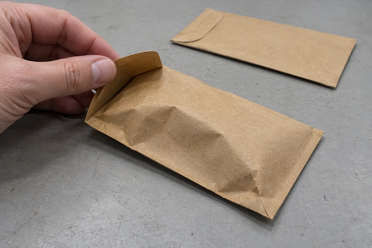 Hand lifting the flap of a kraft pocket with a pronounced bulge and creases around its filled contents