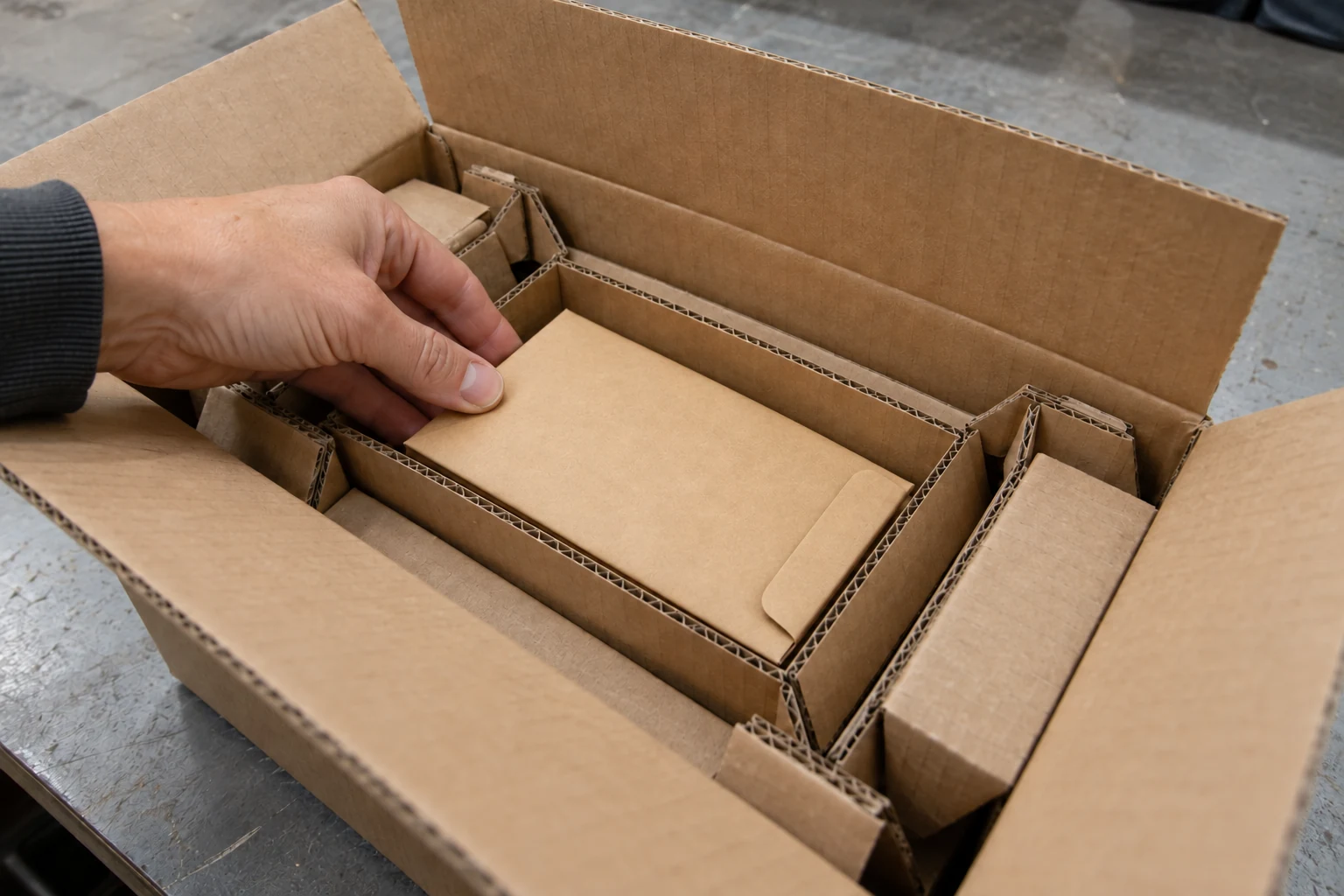 Hand placing a small short-end kraft envelope inside a corrugated insert in an open shipping box