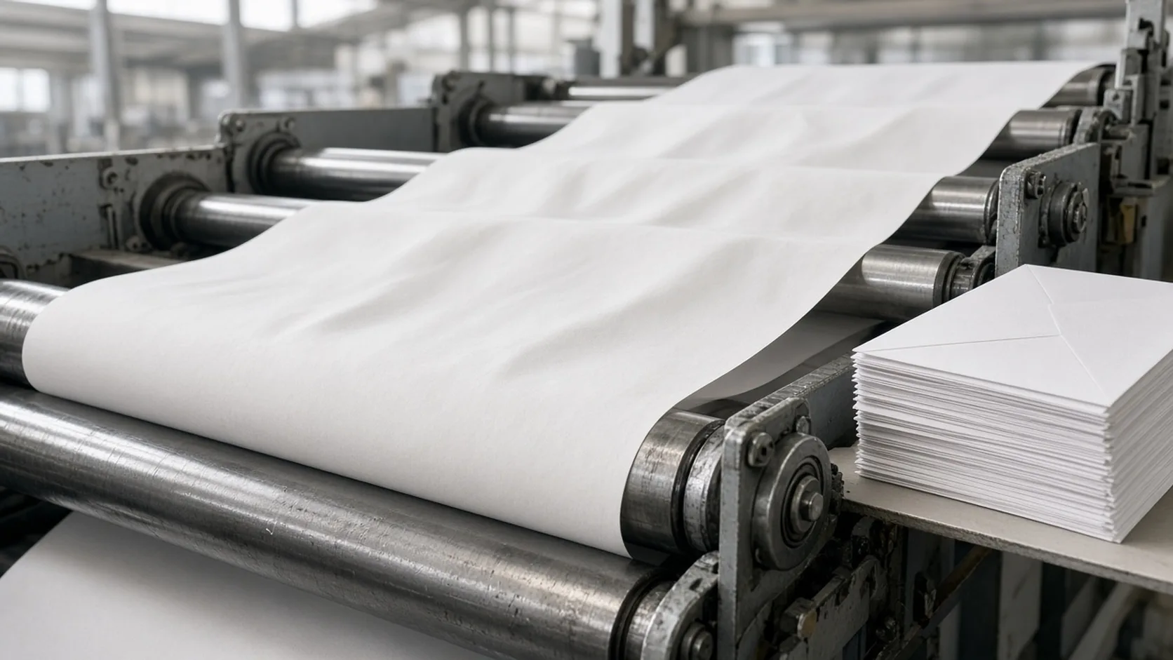 A web of plain envelope paper running over steel rollers beside a stack of blank white envelopes
