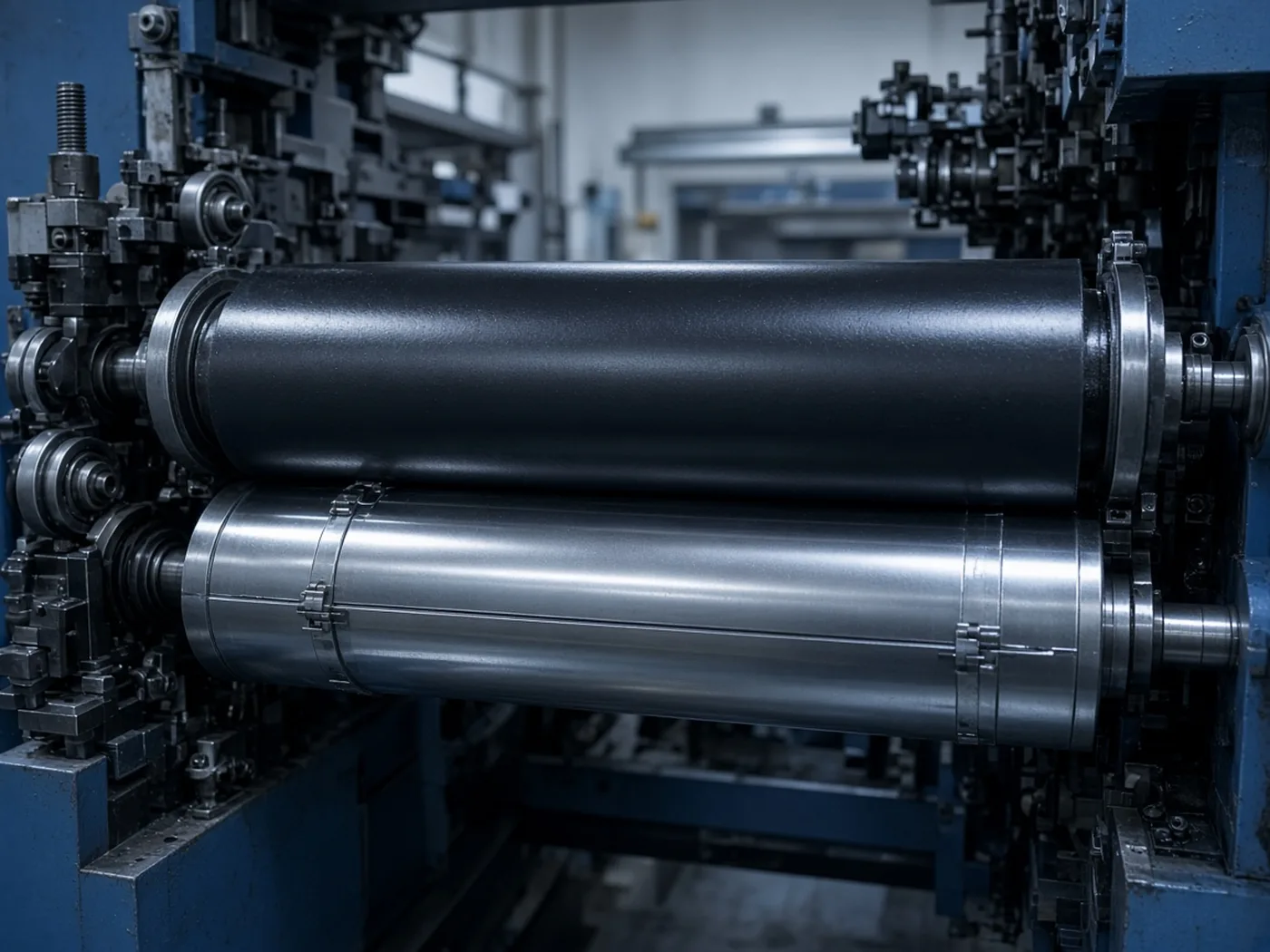 A dark rubber blanket cylinder against a plate cylinder in a press, with a smooth ink film and no readable image