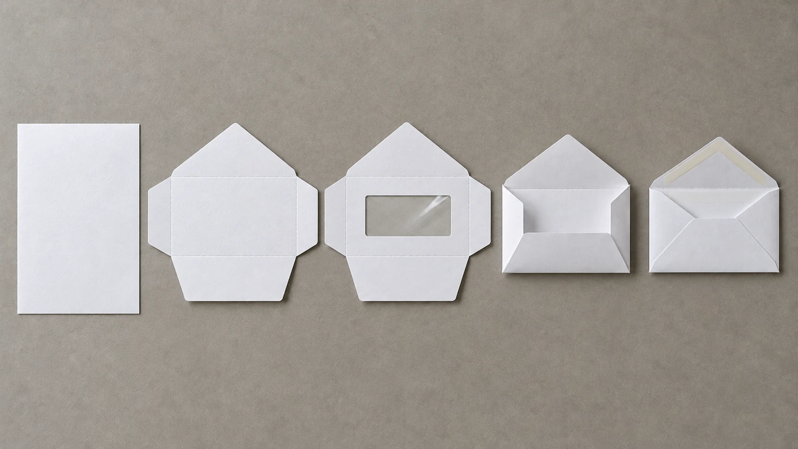 White paper stages on a gray table: a plain sheet, a scored blank, the blank with a filmed window, a folded pocket and an envelope with a gum band on its lifted seal flap.
