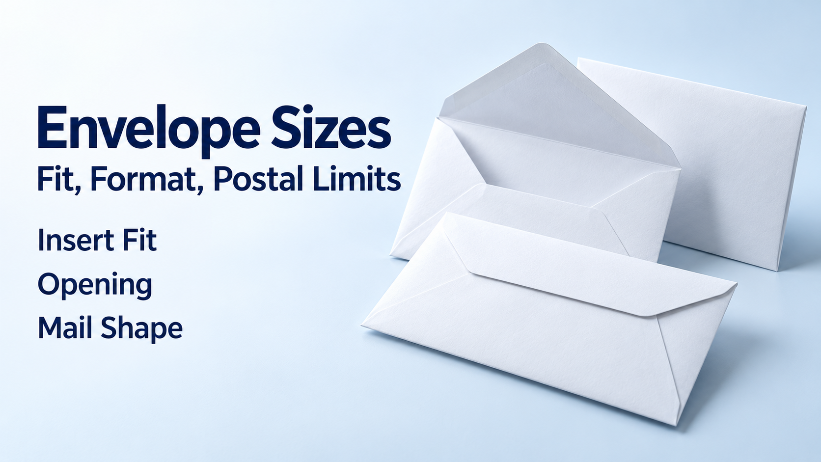 White paper envelopes beside the labels Envelope Sizes, Fit Format Postal Limits, Insert Fit, Opening and Mail Shape