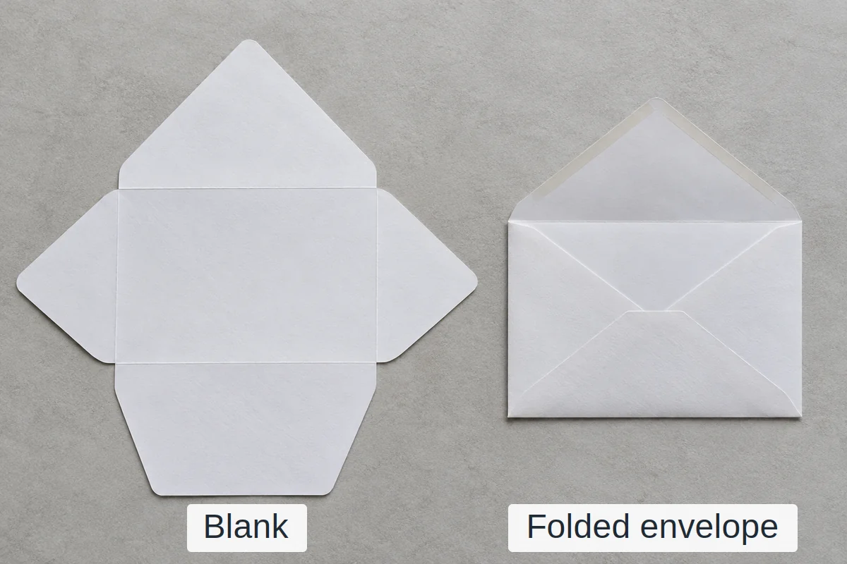 A flat white envelope blank with a pointed top flap, two rounded side flaps and a bottom flap, next to a folded white envelope with its seal flap open
