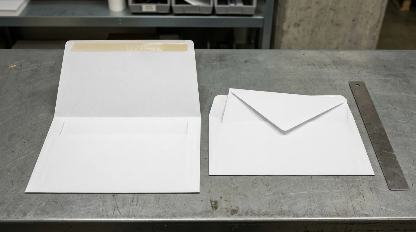Open white remittance envelope with an extended full-face wallet flap resting beside a commercial outer mailing envelope and a steel ruler on a pressroom table