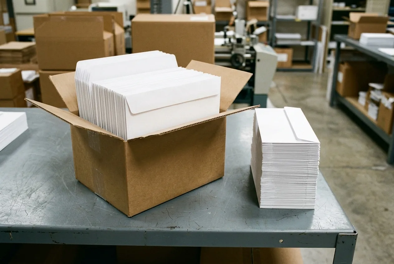 A tray of white remittance envelopes packed with flaps extended flat beside a neat stack of remittance envelopes with flaps folded closed