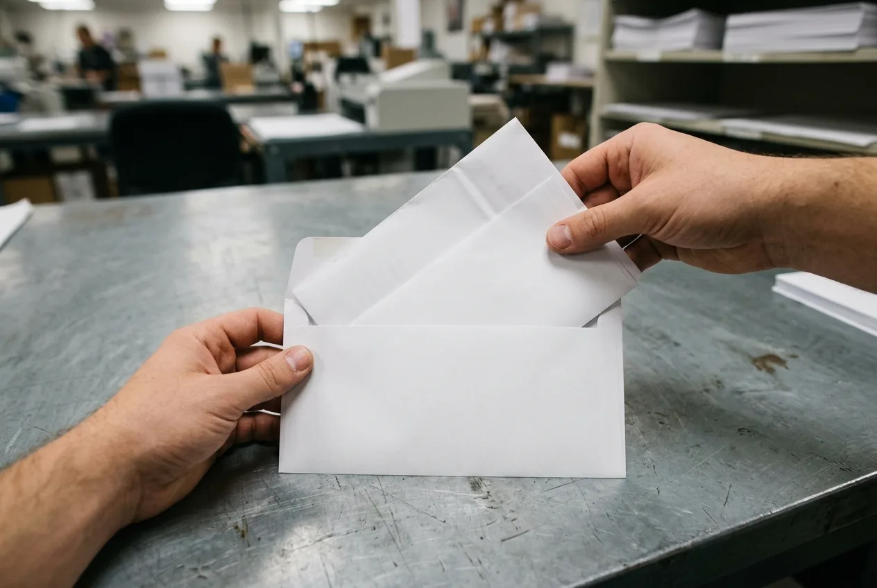 A single folded white insert sliding into the throat of a plain commercial carrier envelope