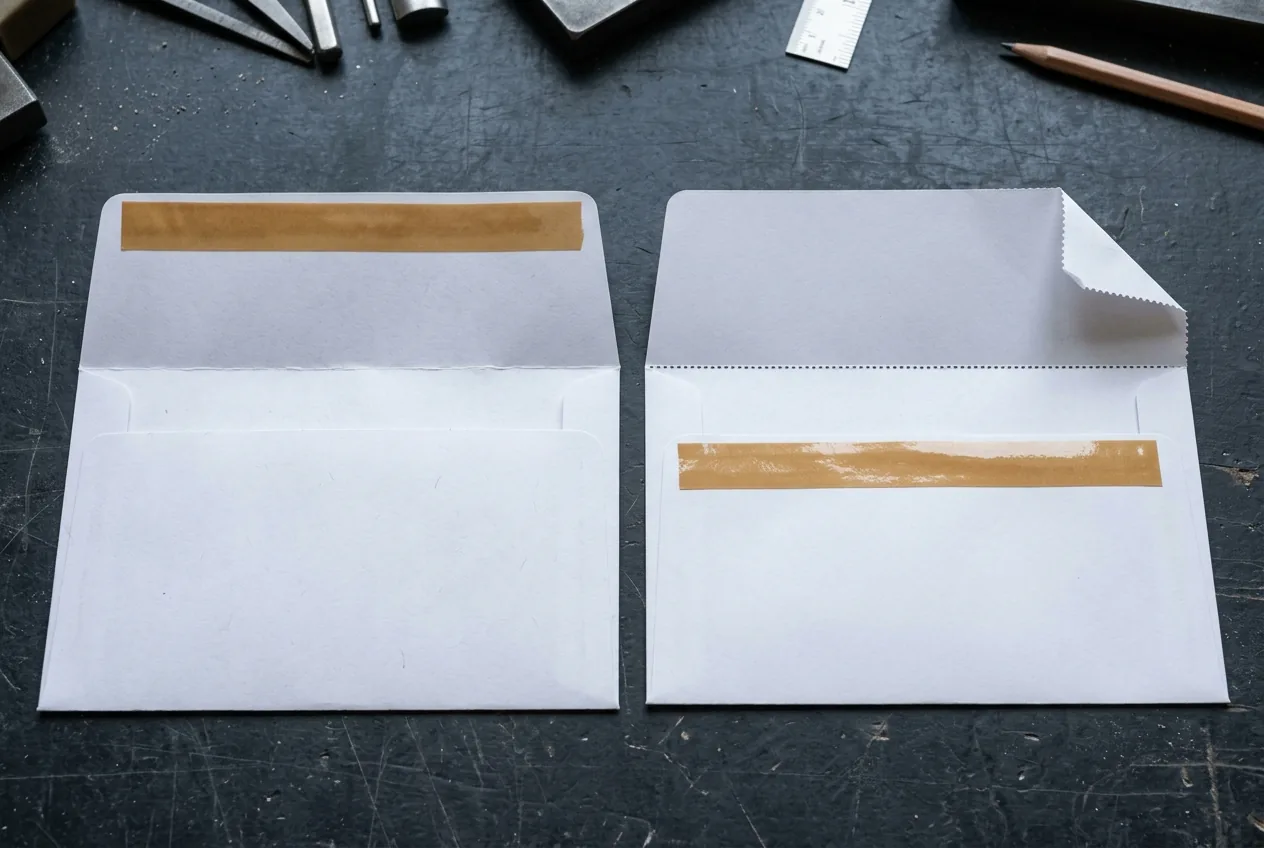 Two open white remittance envelopes side by side; the left sample has a full wallet flap with seal gum along the outer flap edge
