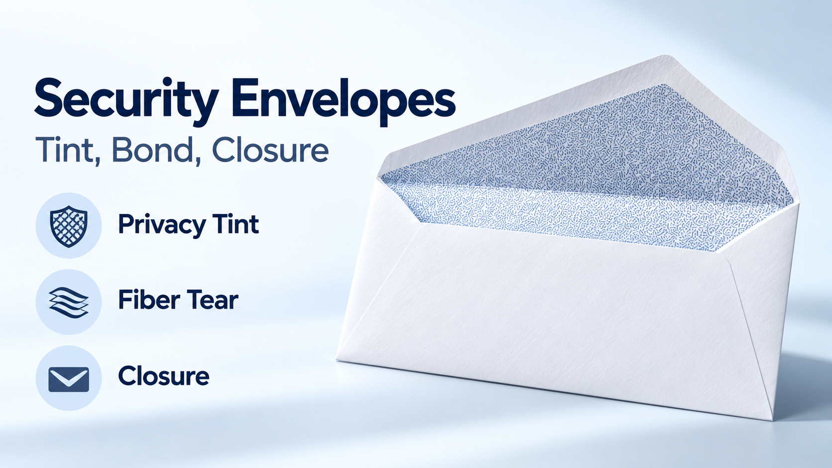 Open white envelope with a patterned interior beside the labels Security Envelopes, Tint Bond Closure, Privacy Tint, Fiber Tear and Closure