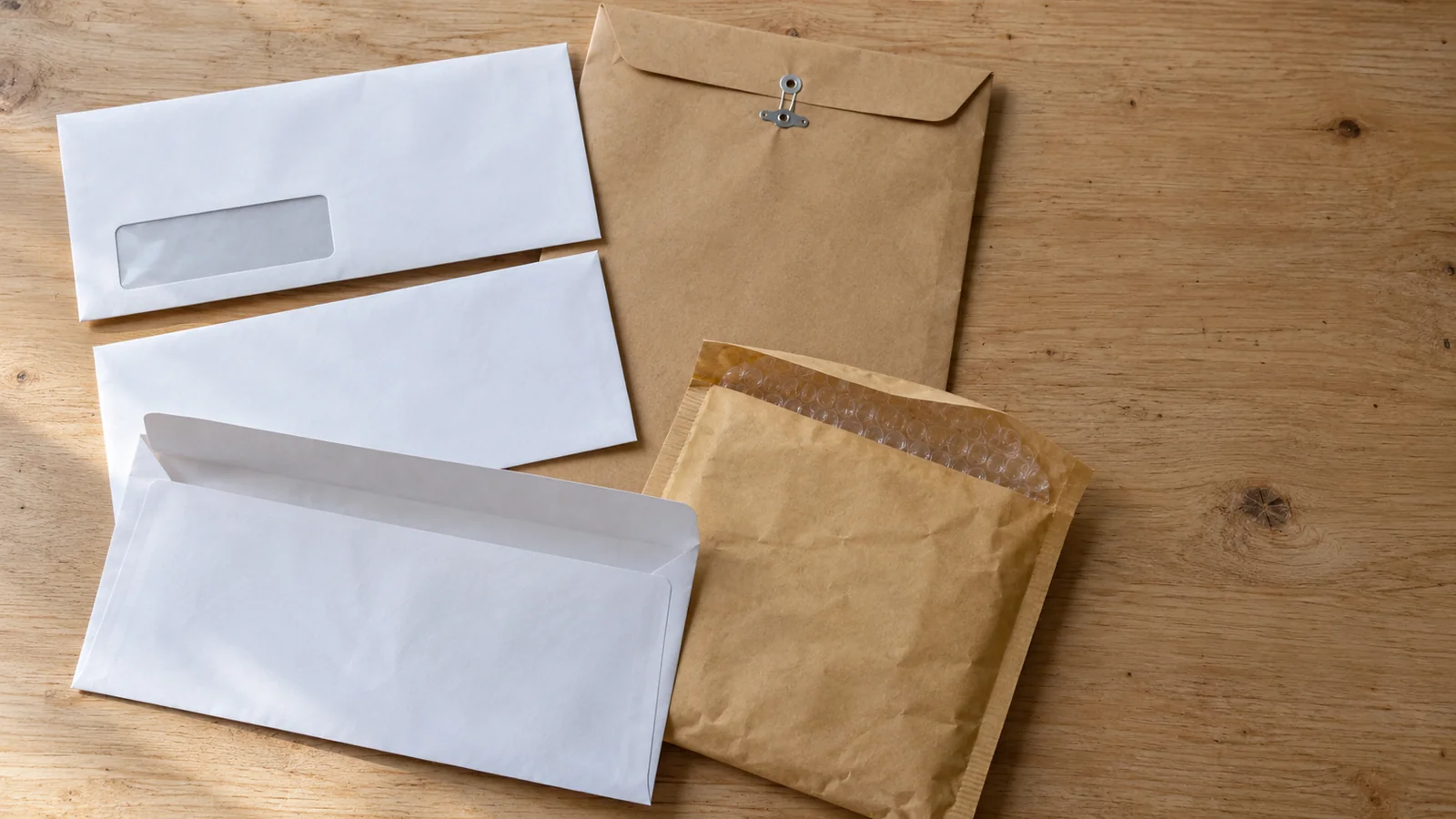 White business envelopes, one with a window and one with its flap open, a kraft catalog envelope with a metal clasp and a kraft bubble-lined padded mailer on a wooden table