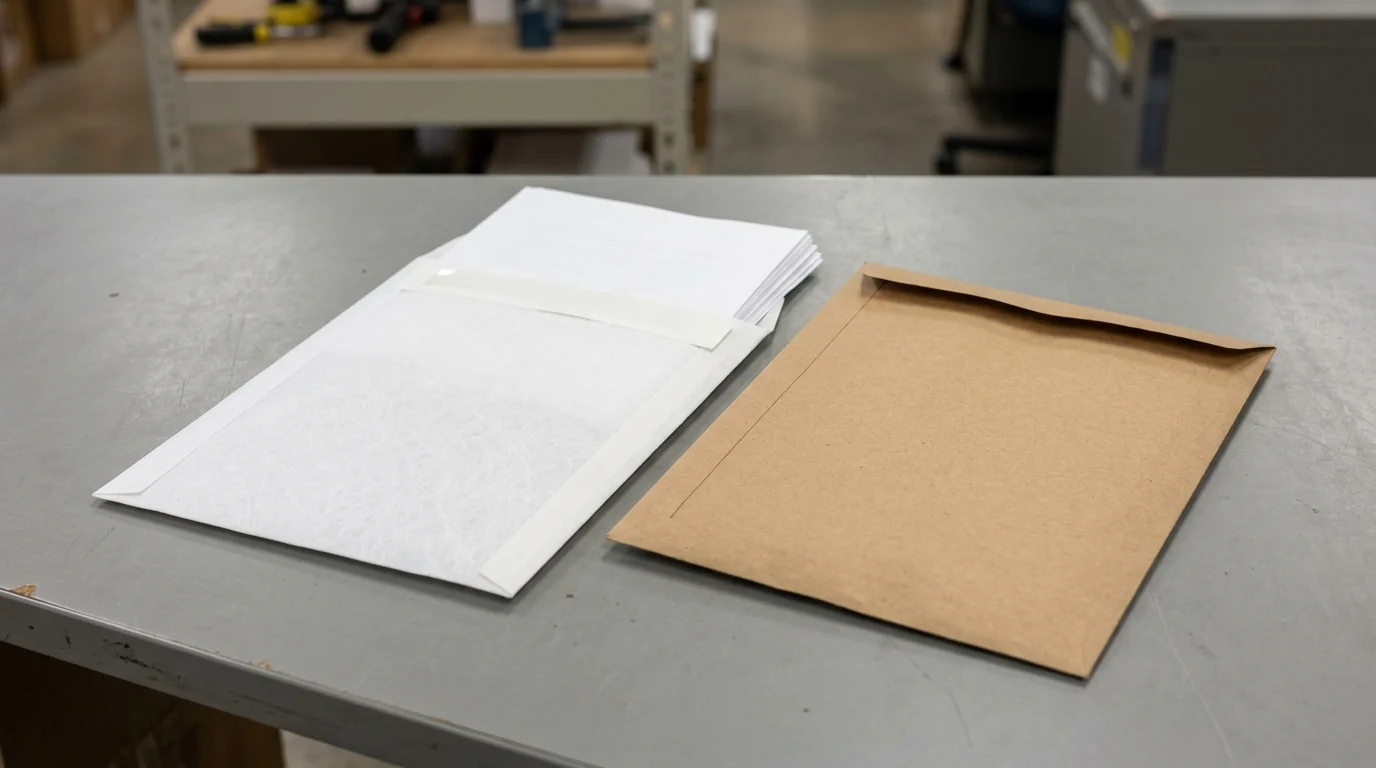 An open white flash-spun HDPE catalog envelope with a release liner strip and legal document stack beside a brown kraft catalog envelope on a gray workbench