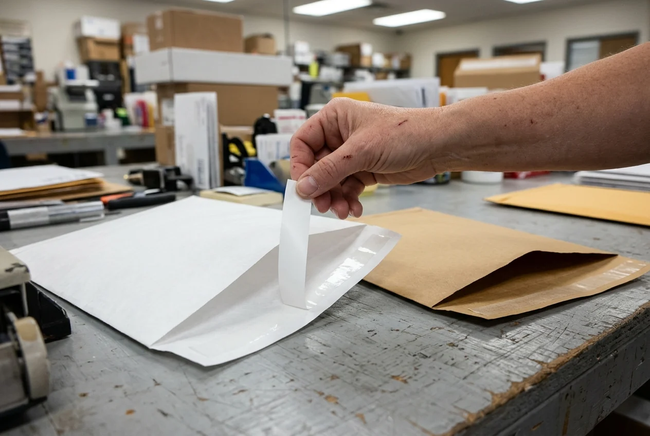 Close-up at a gray mailroom bench of a hand peeling back a white paper release liner from the pressure-sensitive adhesive flap of a white flash-spun HDPE catalog envelope, beside an open brown kraft catalog envelope with a matte tan remoistenable gum band