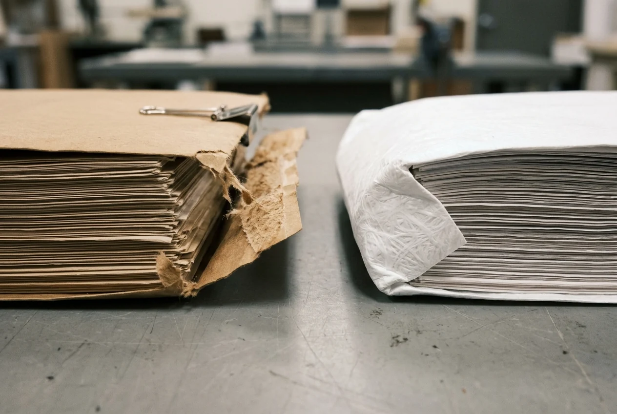 Macro comparison of two loaded catalog envelopes on a gray table: a brown kraft envelope on the left with a straight edge tear exposing frayed wood fibers near a binder clip, and a white flash-spun HDPE envelope on the right deforming around a thick document stack without tearing