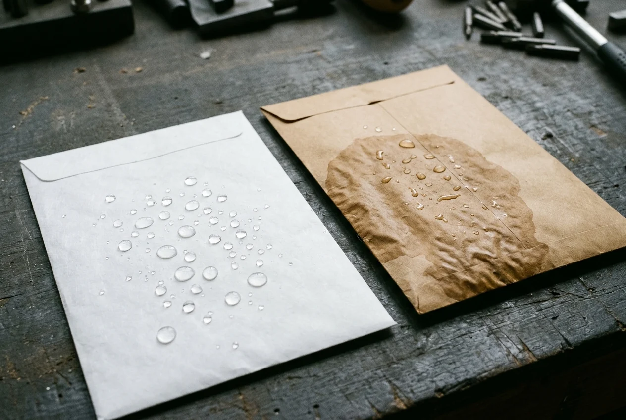 Two catalog envelopes side by side on a dark gray bench: clear water droplets beading into spheres on a flat white flash-spun HDPE envelope on the left, while water soaks into a brown kraft envelope on the right and forms a darkened, wrinkled wet patch