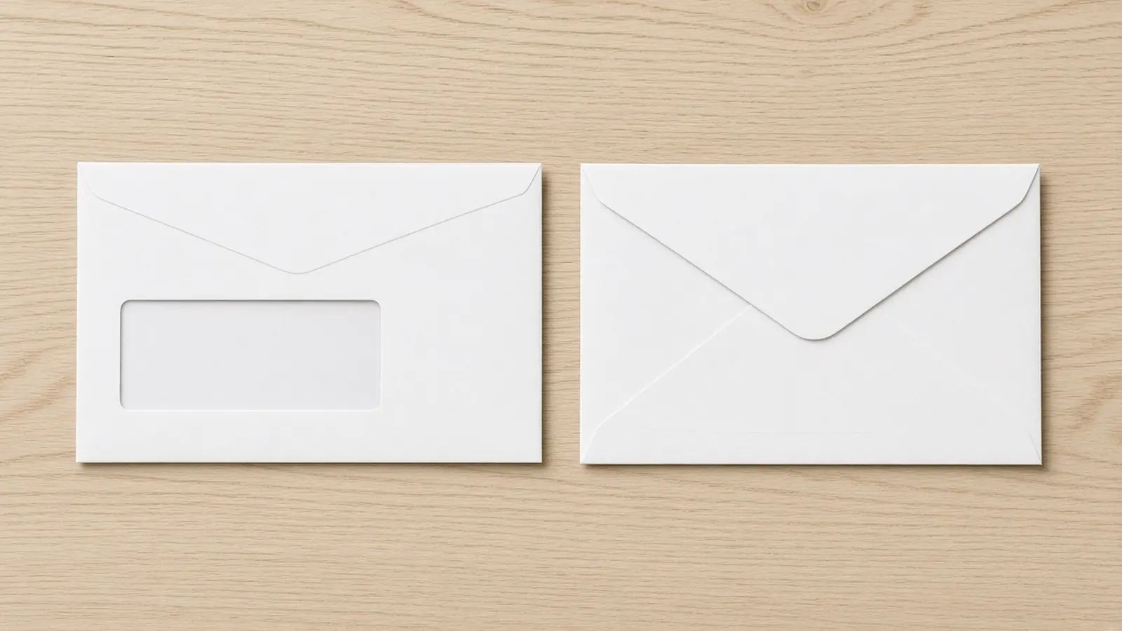 A blank window envelope and a blank sealed envelope on a wood desk