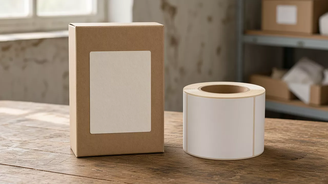 A blank white label on a plain brown carton beside a roll of blank white labels