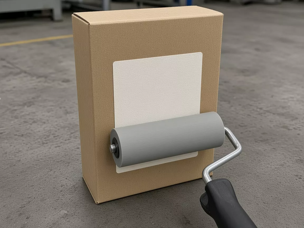 A grey roller pressed against a blank label on a plain brown carton