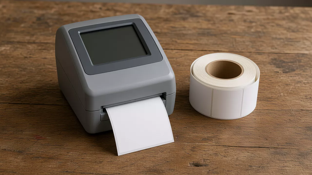 A grey printer with a blank label coming out, beside a roll of blank labels, on a wooden table