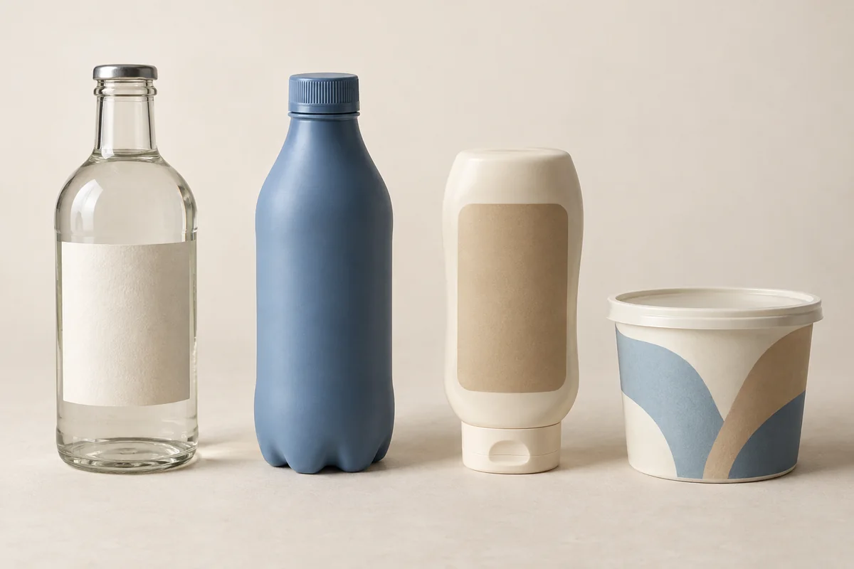 Four unbranded containers in a row: a clear glass bottle with a plain light-coloured label, a matte blue plastic bottle with no separate label visible, a squeezable bottle with a plain rectangular label, and a tub with printed graphics around its side