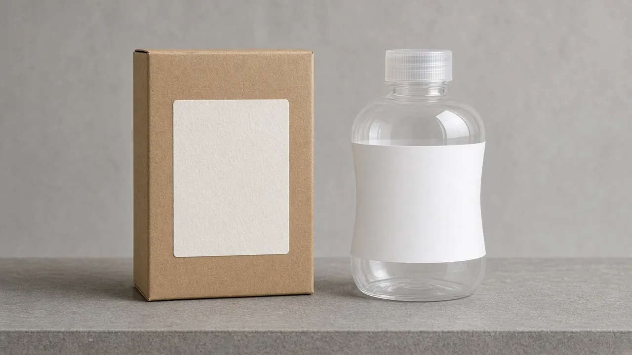 A kraft carton with a blank paper label beside a clear bottle wrapped in a blank white film label