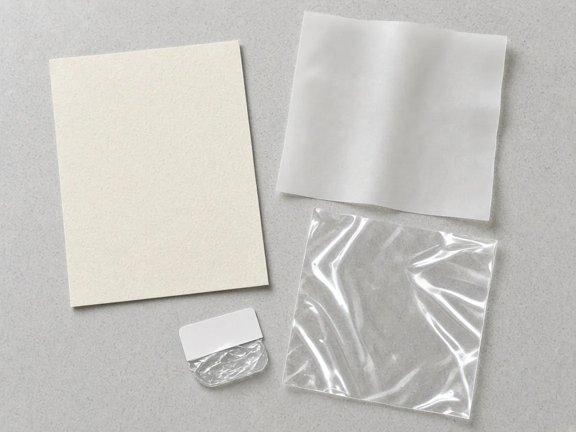 Separate blank sheets of cream paper, translucent film and glossy clear film, with a small blank label peeled back to show adhesive