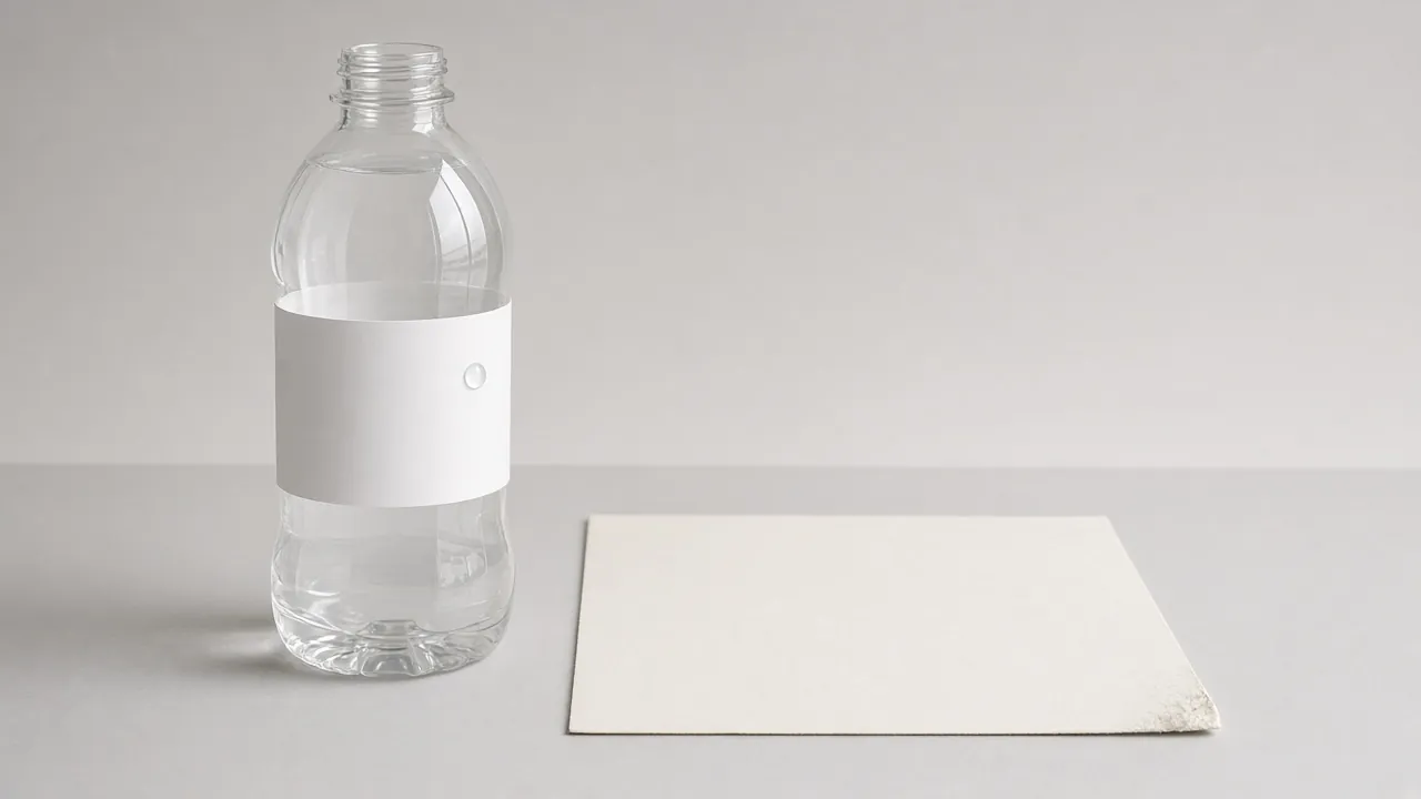 A clear curved bottle with a blank white film label and one water droplet, next to a blank paper sheet