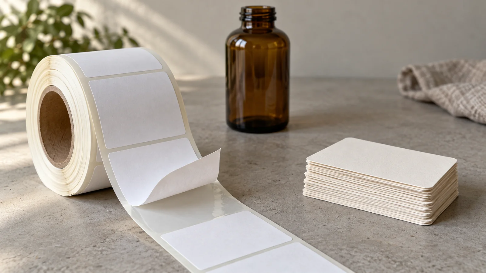 A roll of blank self-adhesive labels with one label lifted from its backing liner, next to a stack of plain pre-cut paper labels and an unlabelled amber glass bottle