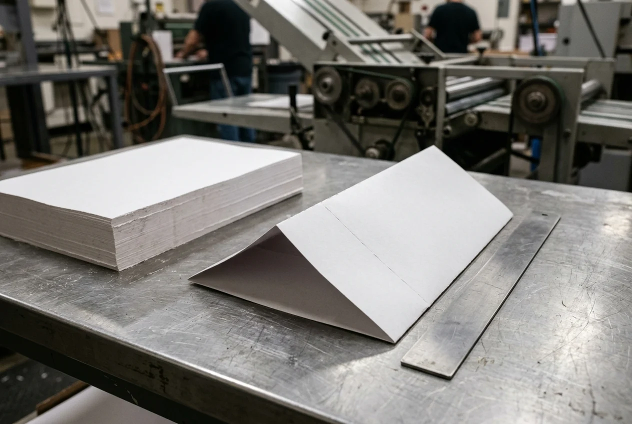 A trimmed stack of white paper sheets, a tri-folded self-mailer dummy showing two score creases, and an unnumbered stainless-steel straightedge on a brushed steel bindery table