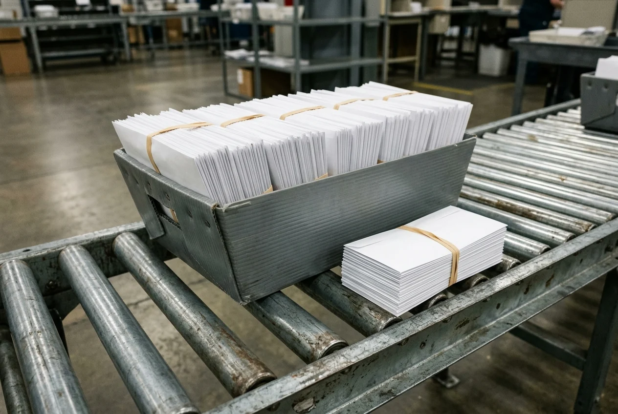 A gray corrugated plastic mail tray on a galvanized steel roller conveyor filled with upright rubber-banded white envelope bundles beside one banded envelope bundle resting on the rollers