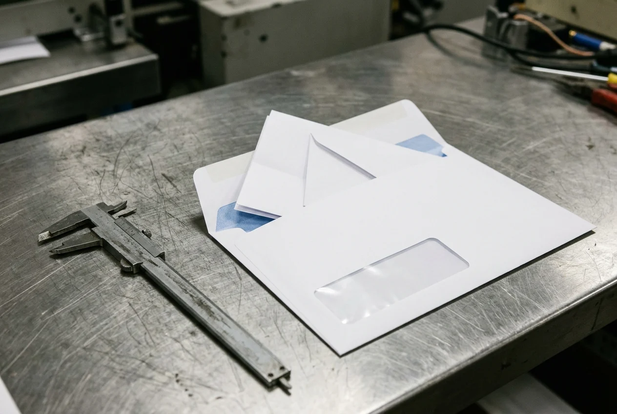 A clean white commercial window envelope with an open flap on a steel inspection bench, a folded white insert and reply envelope tucked into the throat, and an unnumbered metal vernier caliper nearby