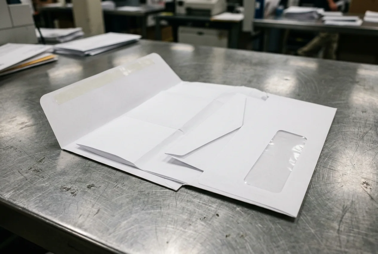 An open-throat white window envelope on a brushed steel inspection table with a tri-folded white sheet and a smaller white reply envelope partially tucked inside