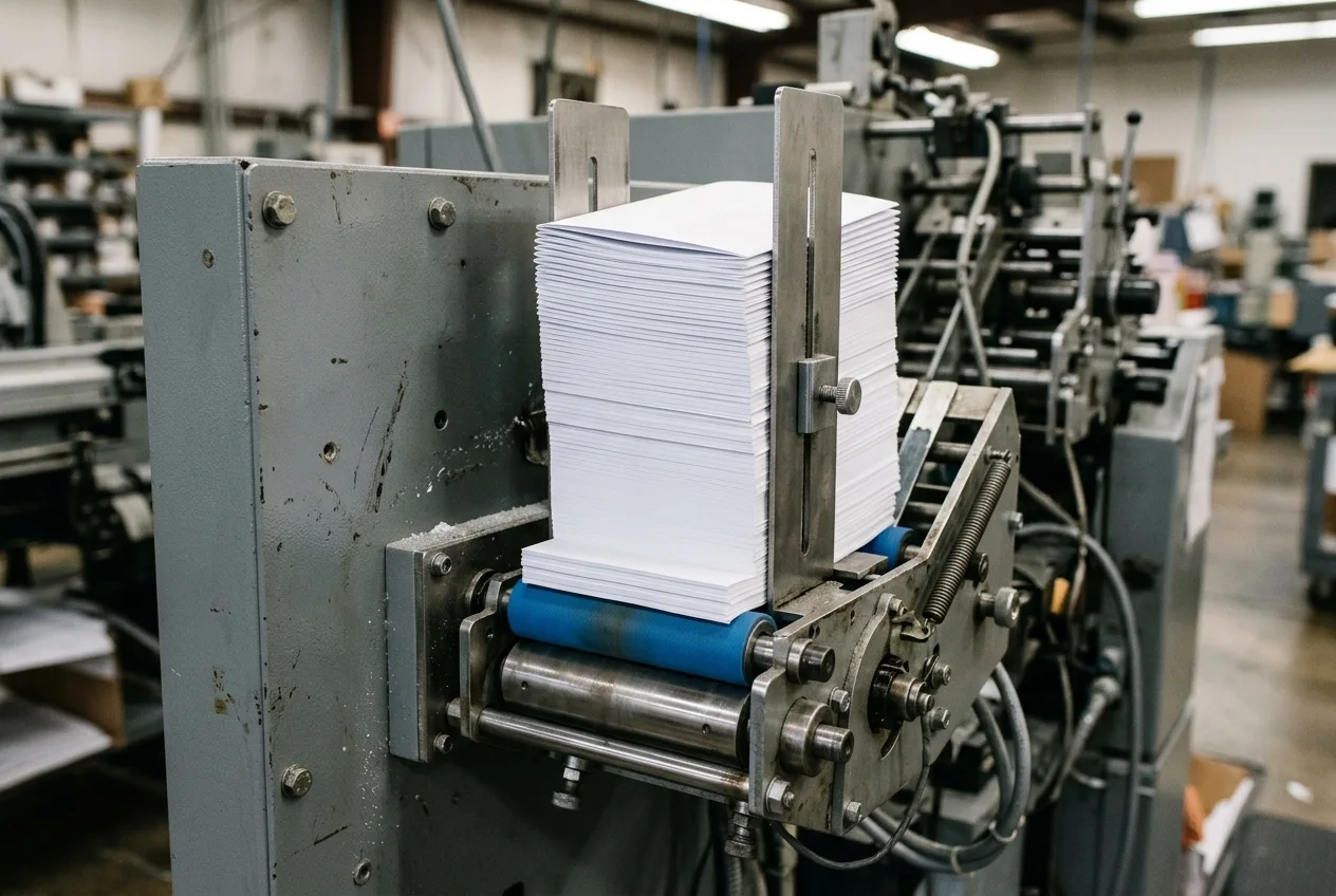 A vertical stack of white folded paper inserts held between adjustable brushed steel side guides above blue rubber separator rollers on a mail-inserting machine