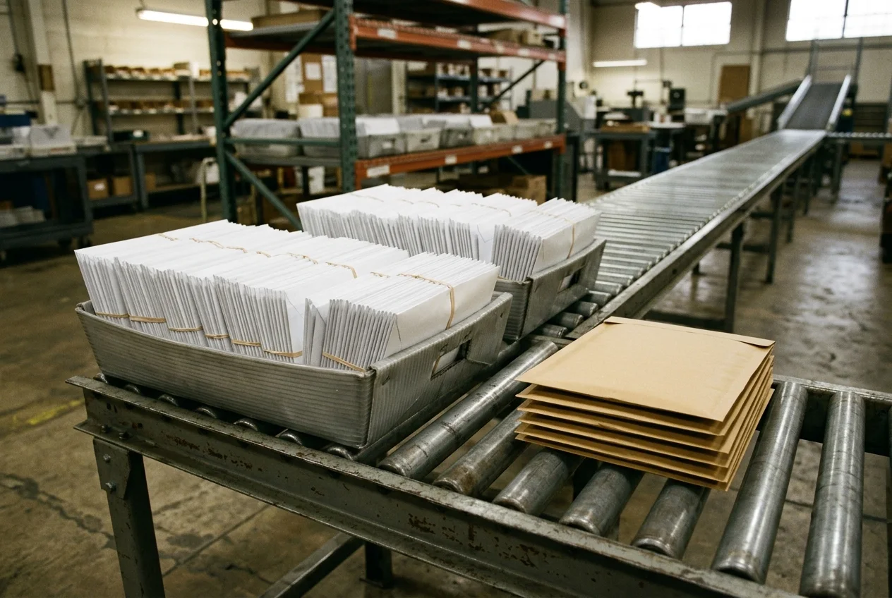 Two gray corrugated plastic mail trays filled with upright white envelopes bundled with rubber bands on a steel roller conveyor beside a stack of brown kraft padded paper mailers