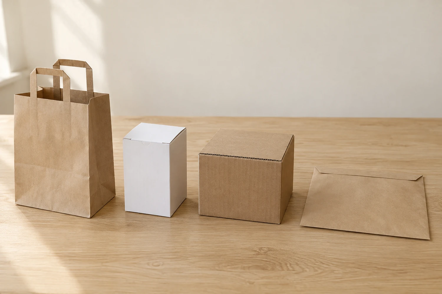 A kraft paper carrier bag with flat handles, a small white folding carton and a closed corrugated box standing in a row on a wooden table, with a flat kraft mailer lying beside them