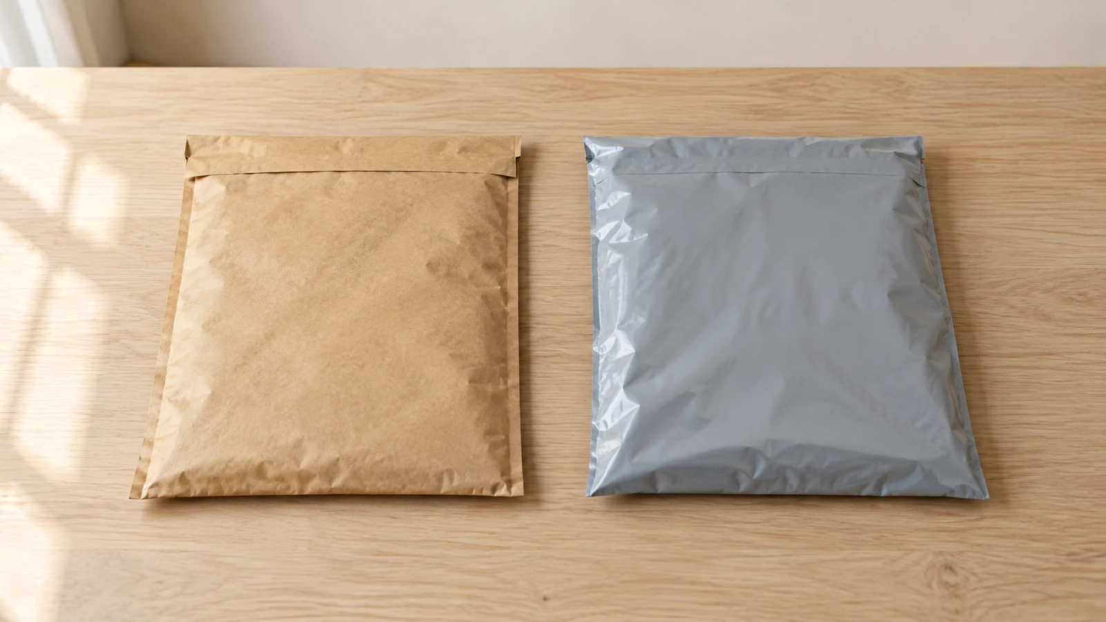 A brown kraft paper mailer and a grey poly mailer lying side by side on a wooden packing table in daylight